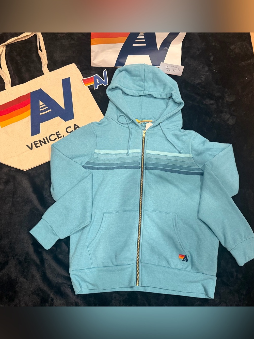 - - NWT AVIATOR NATION UNISEX 5 STRIPE HOODIE Sand size Large Aqua + Tote Bag